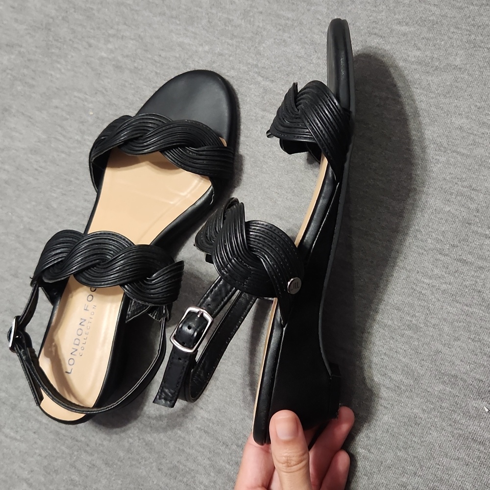 LONDON FOG Cally Vegan Faux Leather Black Kitten Heels Sandals Slippers Shoes - Picture 7 of 16